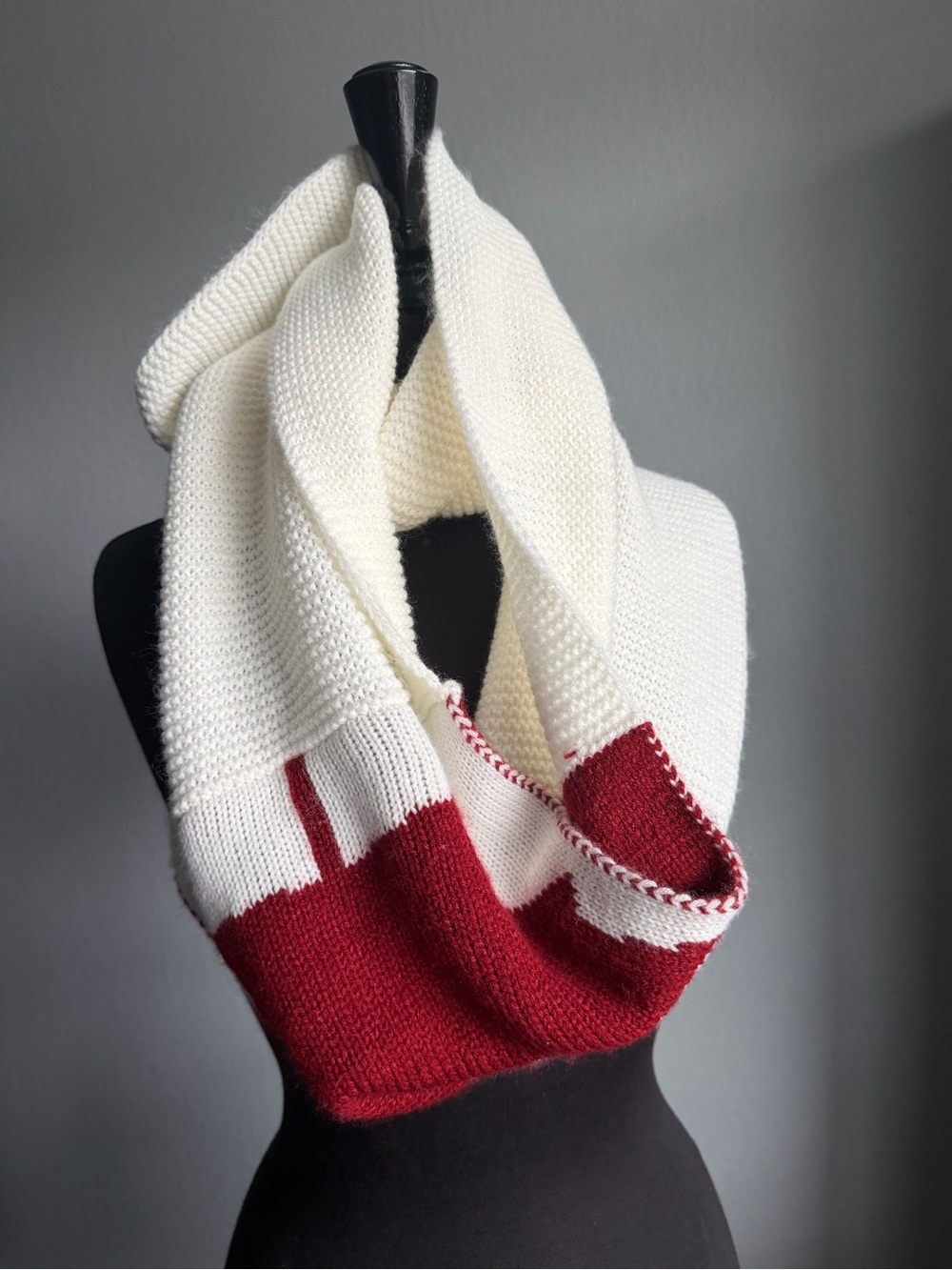 Cream and Red Knit Infinity Scarf -